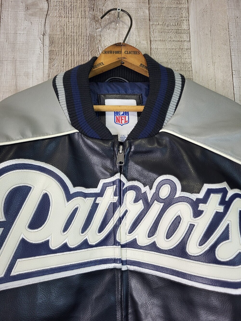 NFL Patriots Navy and Gray Leather Jacket. Faux Leather. Mens Large - Picture 2 of 16